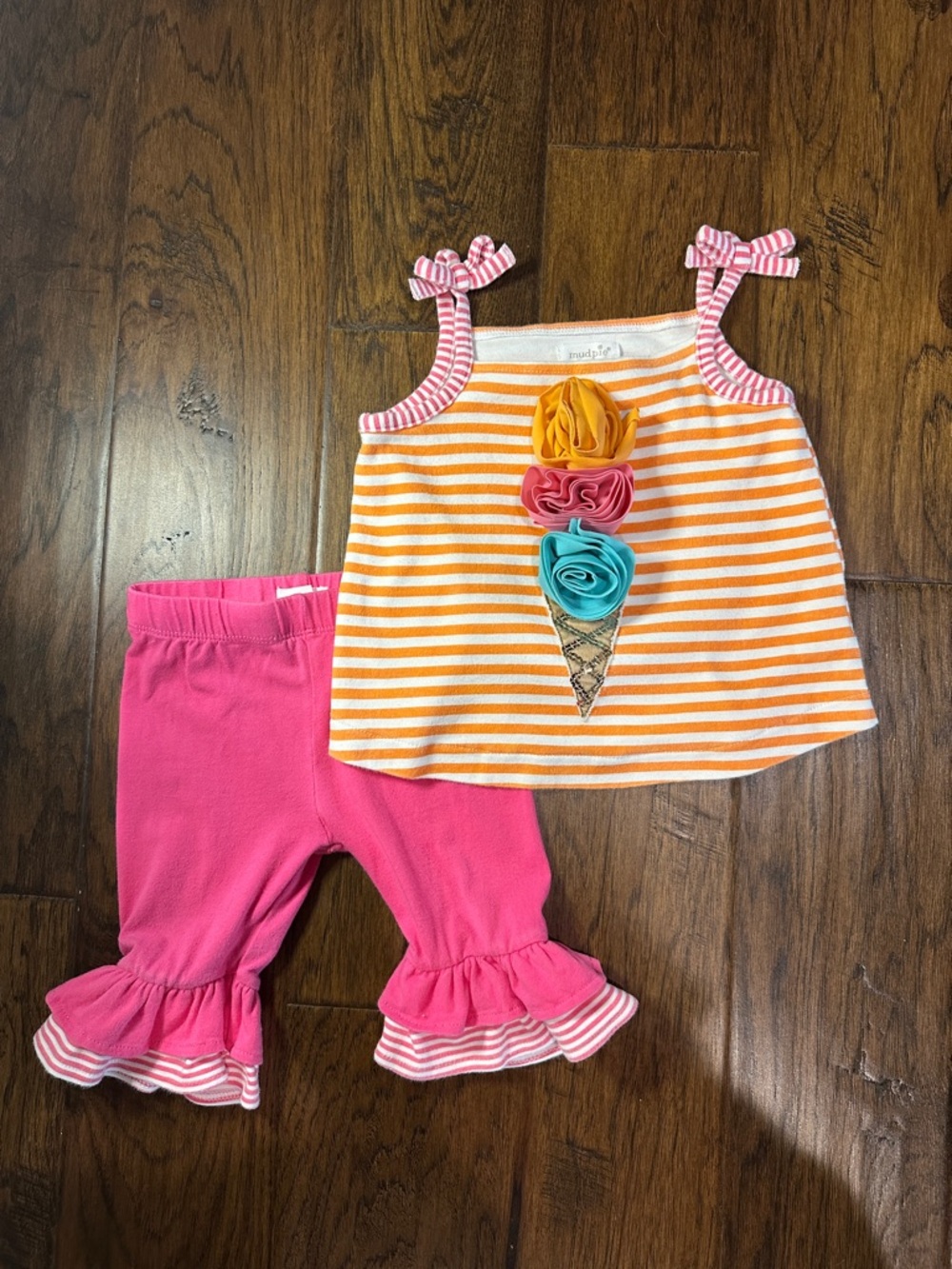 Mud Pie Orange & White Striped Ice Cream Tank with Pink Ruffle Pants